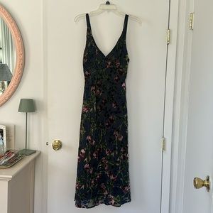 WAYF Navy velvet burnout floral tea length dress